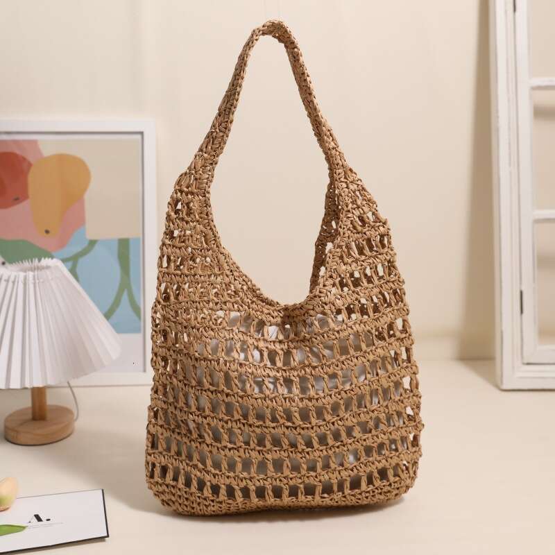 French Style Large Capacity Single Shoulder New Hollow Tote Portable Grass Woven Bag, Seaside Vacation Beach Bags