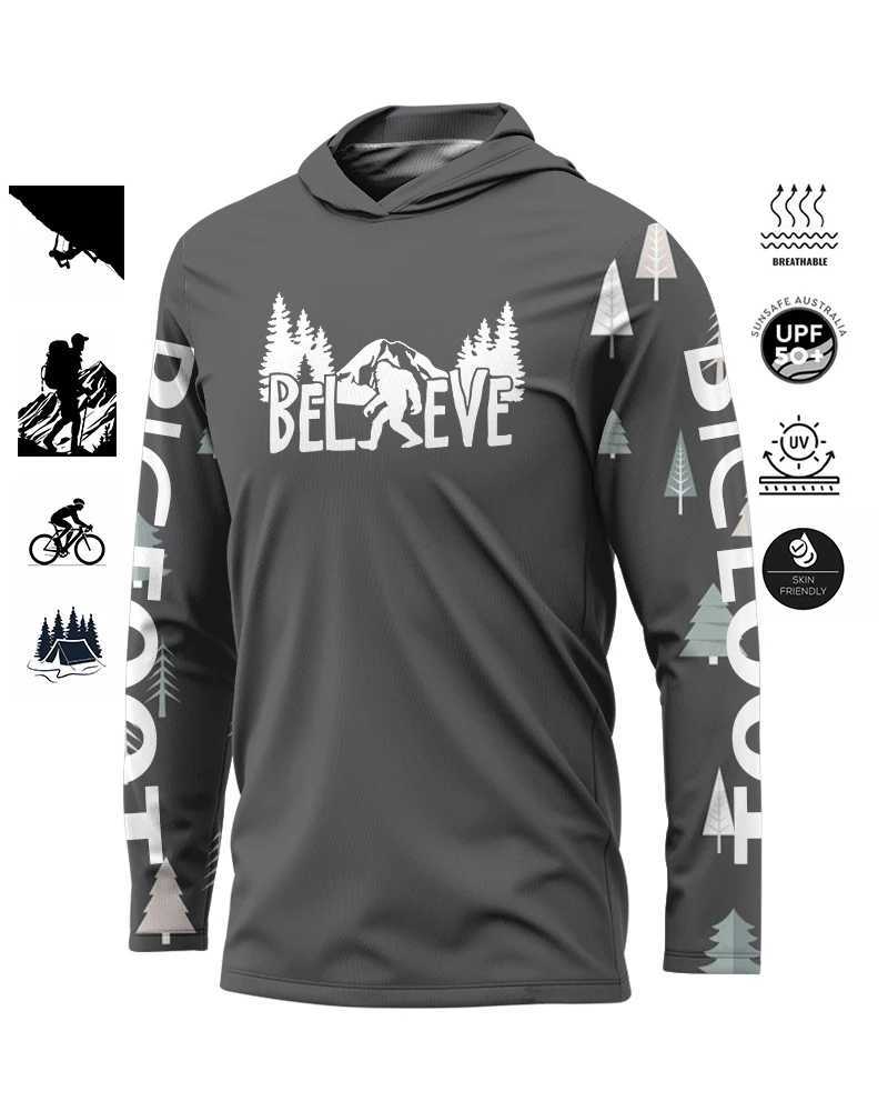 Bigfoot mens hooded fishing shirt long sleeved sports shirt bicycle hiking sports shirt UV ultra-thin long sleeved climbing fishing W250108