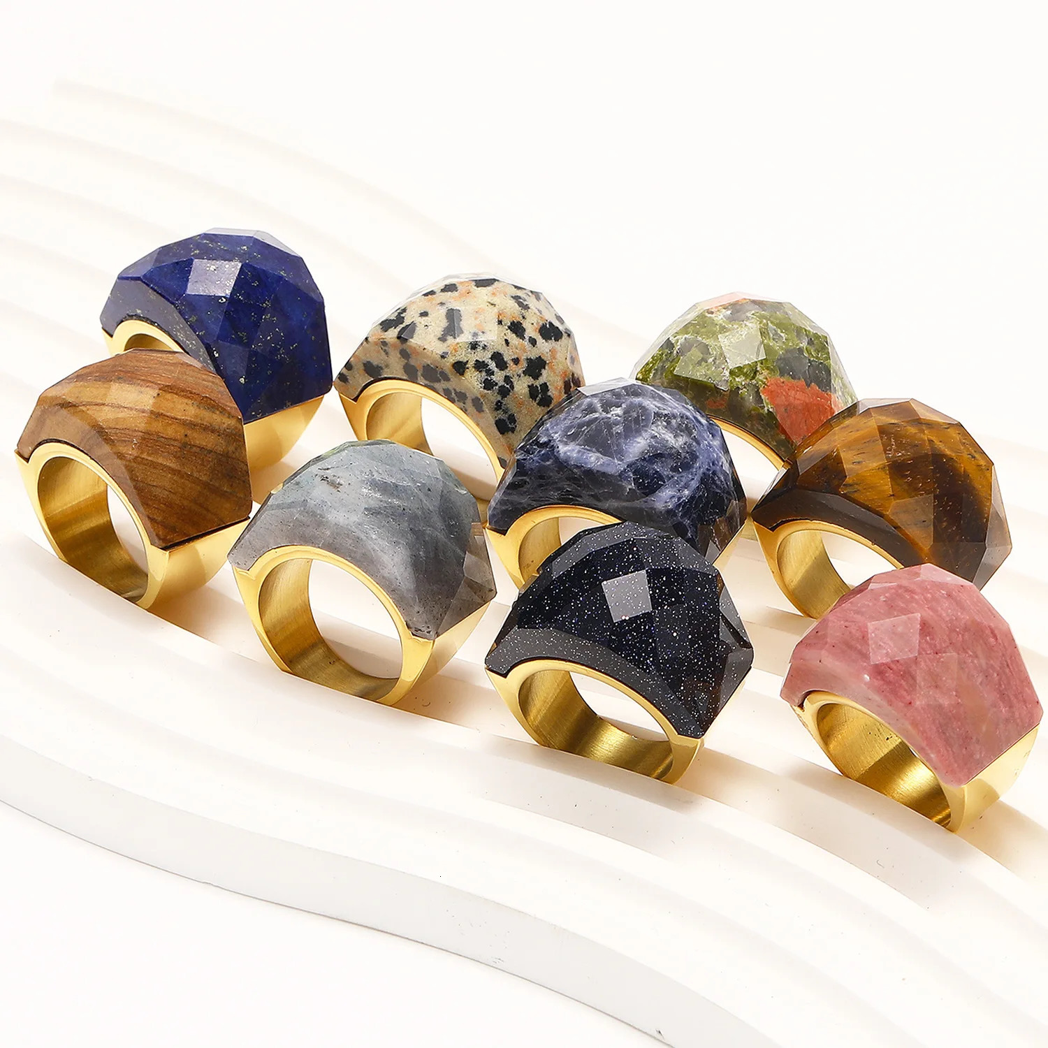 Natural Gemstone Solitaire Statement Rings For Women Stainless Steel Ring Cubic Zirconia gold color Vintage Jewelry 250107