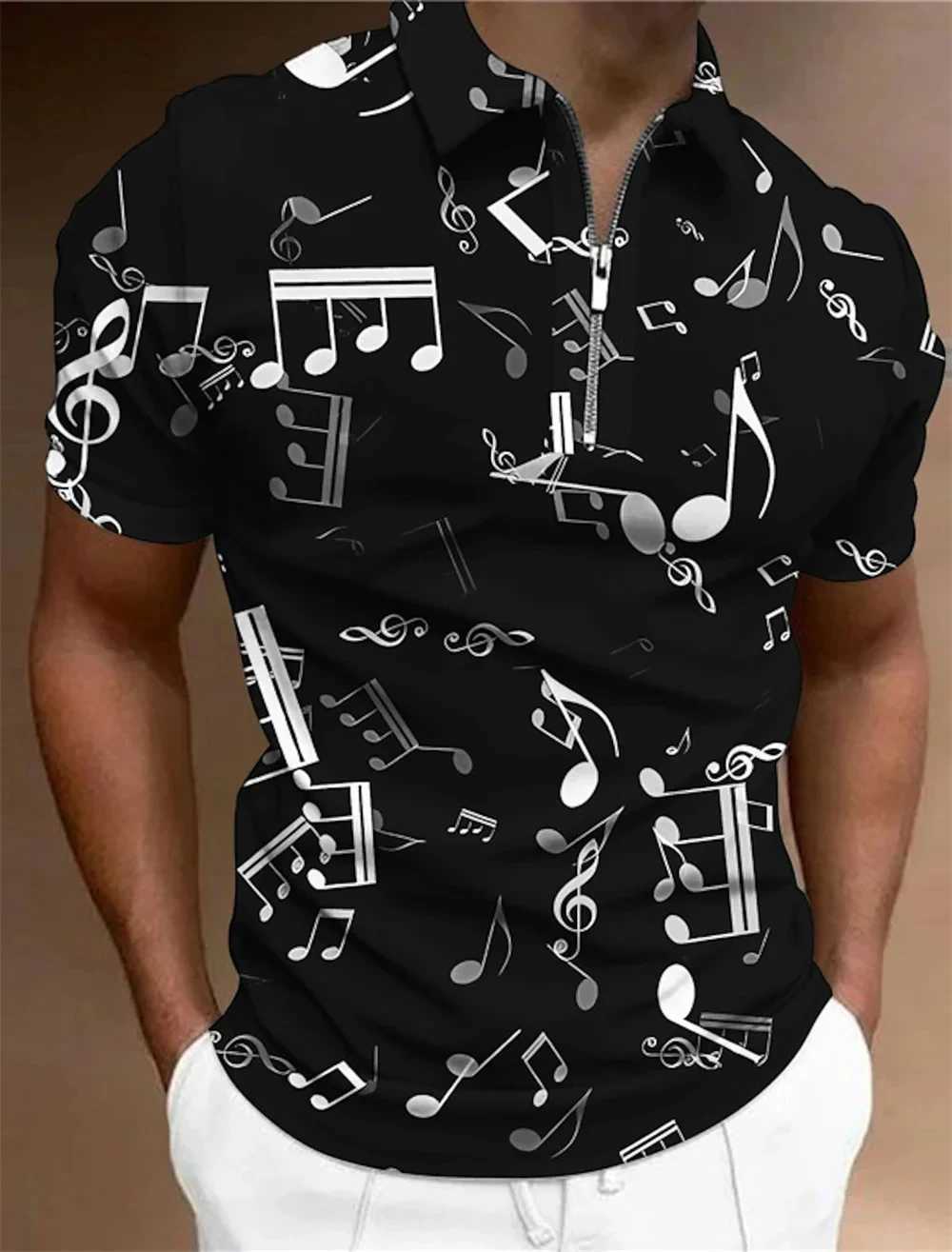 Design Polo Shirt Music Notes Light Prints Mens Tops Golf Graphic Short Sleeves Zipper Polo Shirt Fashion Casual Men ClothingXJ250108