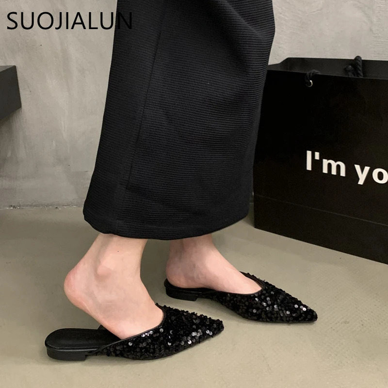 SUOJIALUN 2024 Spring Women Slipper Fashion Bling Shallow Slip On Mules Shoes Pointed Toe Flat Heel Outdoor Dress Sandal Sho 250107