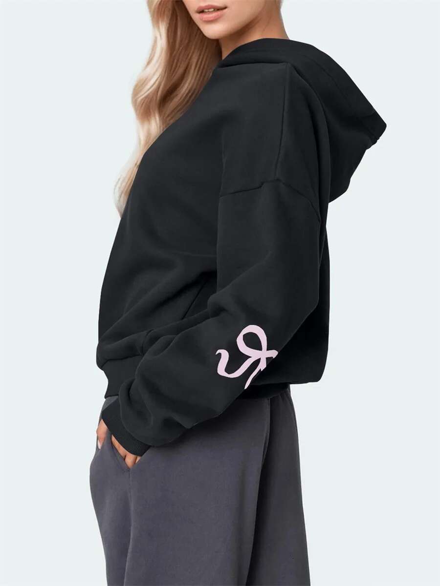 Women Oversized Loose Hoodies Bow Print Long Sleeve Hooded Sweatshirts Ladies Autumn Spring Pullovers Tops Streetwear Aesthetic