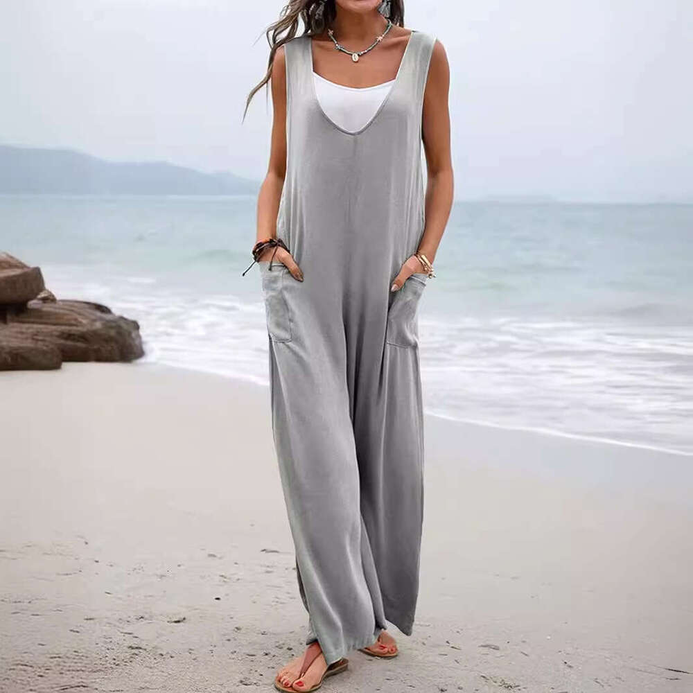 Summer New Solid Color Patch Bag Fashion Jumpsuit V-Neck Backband Wide Leg Long Pants For Women