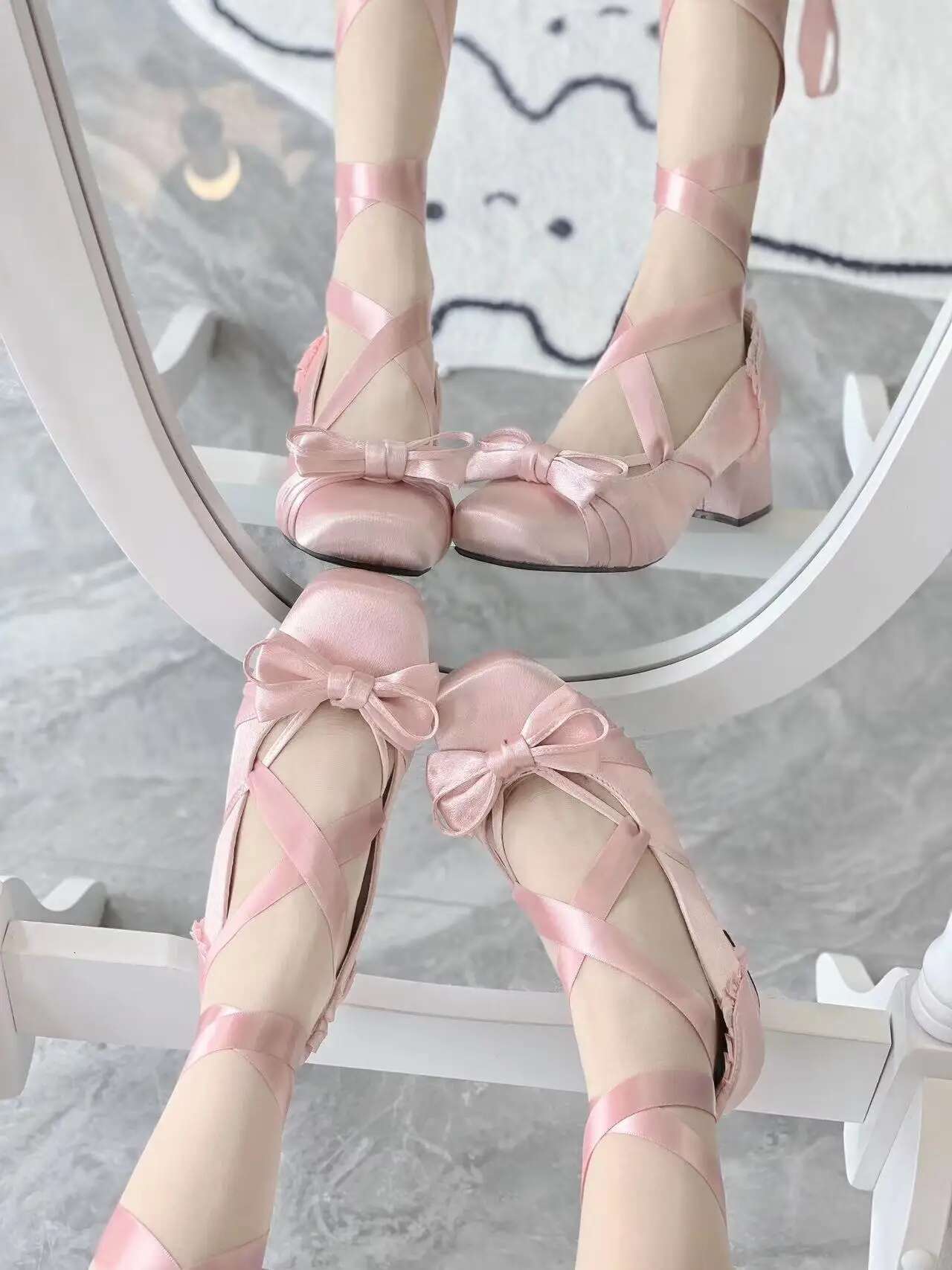 Original Lolita Square Toe Elegant Low Heel Satin Mary Jane Women Girls Sweet Bandage Ballet Shoes for Spring Autumn
