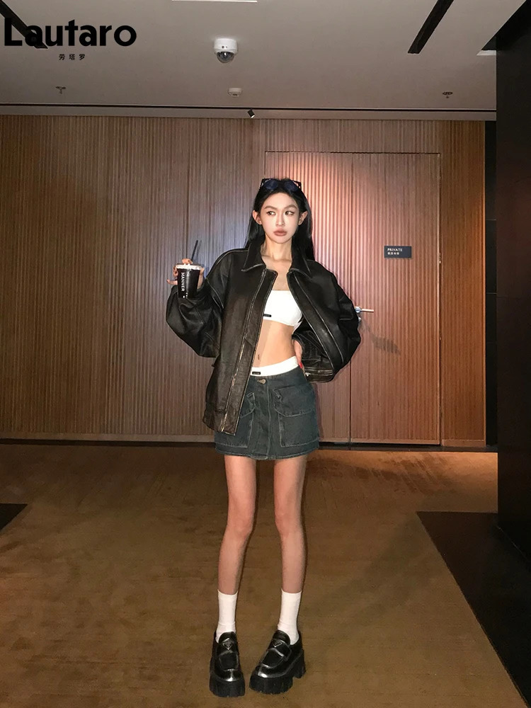 Lautaro Spring Autumn Cool Handsome Retro Oversized Distressed Brown Soft Faux Leather Jackets for Women Zipper Runway Fashion 250103