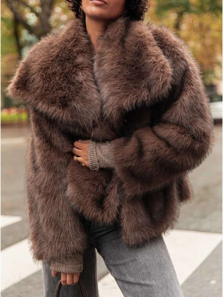 Women's Fashion Solid Warm Faux Fur Short Coat 2024 Lapel Full Sleeve Thick Fluffy Jacket Winter Casual Female Streetwear