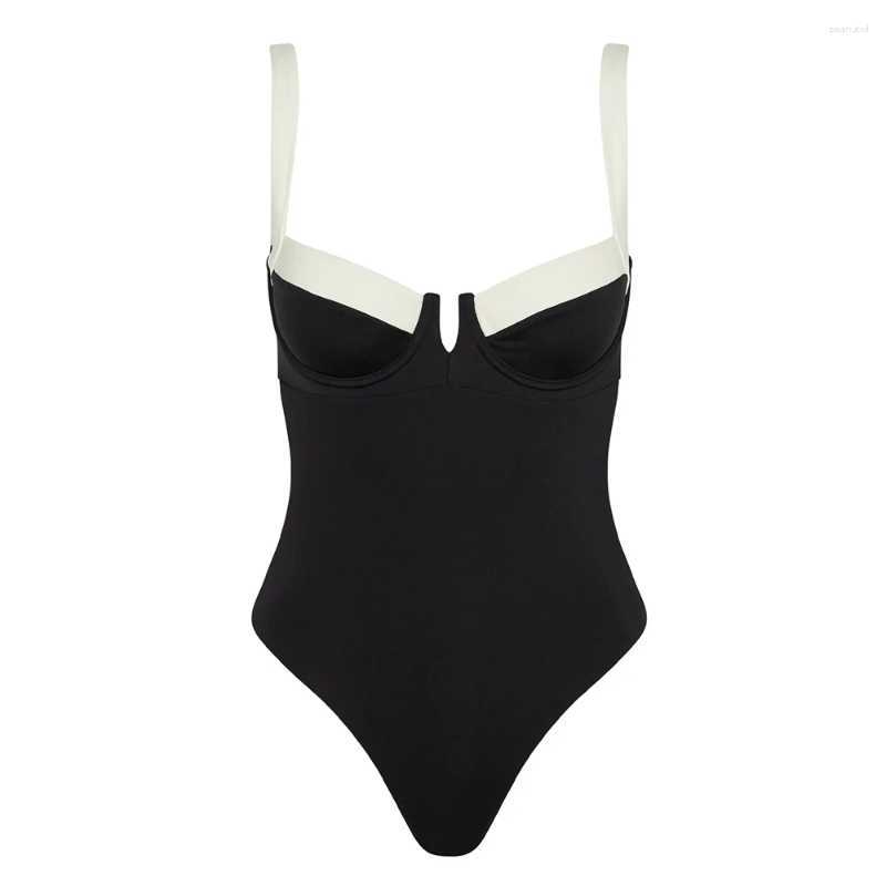 2025--Womens Swimwear Black White One Piece Swimsuit Sexy Solid Women Bathing Suit Beach Backless Monokini Female