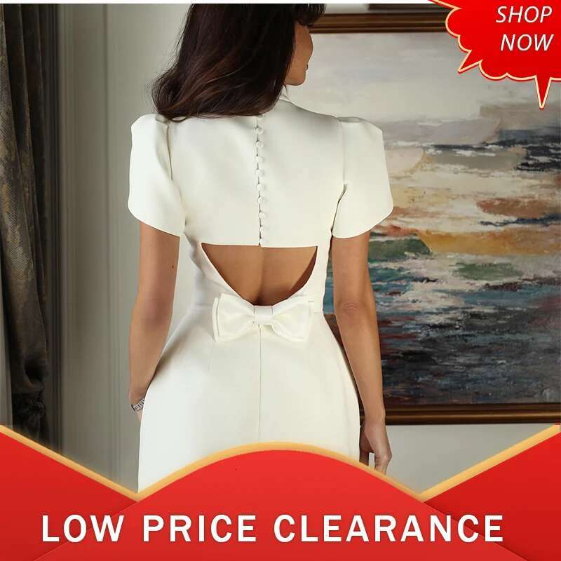 2024 Elegant Women Formal Hollow Red O-Neck Mini Dress Fashion Bow Pad Shoulder Evening Dresses Lady Street Party Vestido