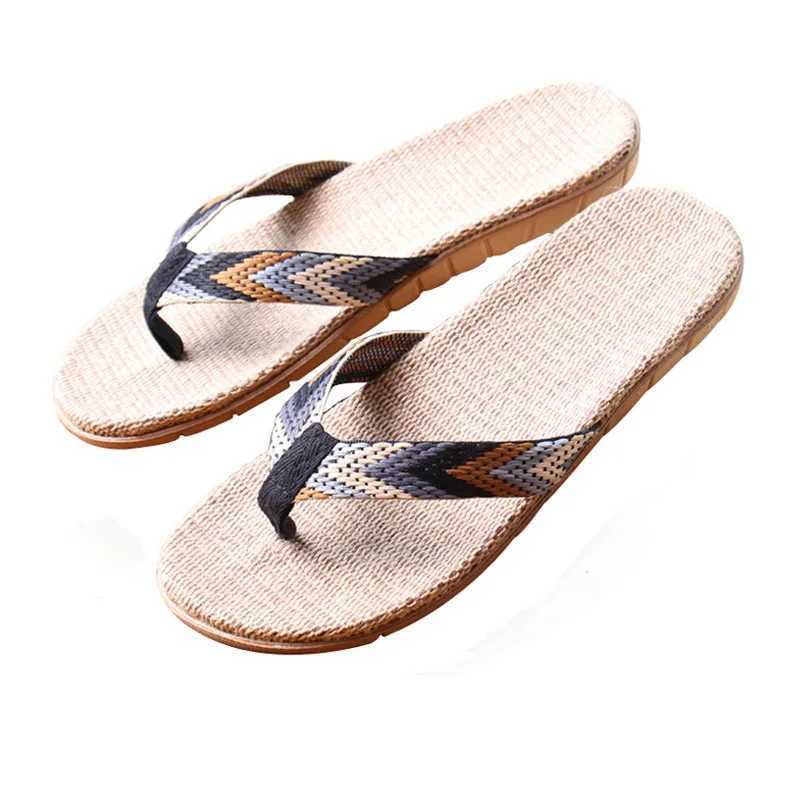 New Arrival ISSACOCO mens linen flip striped ribbon sandals plain EVA anti slip linen slippers mens casual grass shoes T250108