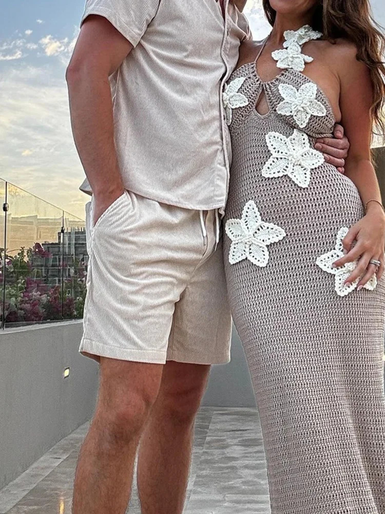 Nibber Appliques Halter Sexy Dress Women Shirring Knit See Through Elegant Beach Vacation Summer Trend Clubwear Long Bodycon 250107