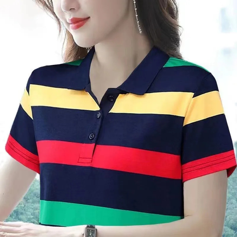 2024 Women Summer Tops Strip Tees Sexy Vintage Short Sleeve 5XL Polo T Shirts Loose Casual Befree Boho Tees 250107