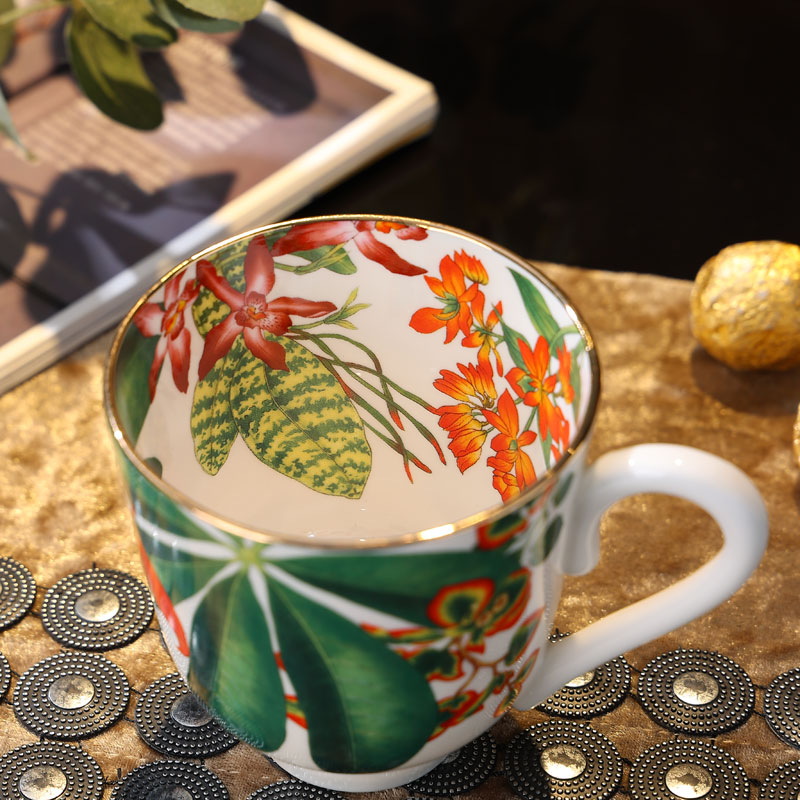 Nordic Style Tropical Rainforest Bone China Coffee Mug Good Quality Porcelain Cup And Saucer With Gold Rim Table Drinkwar 111