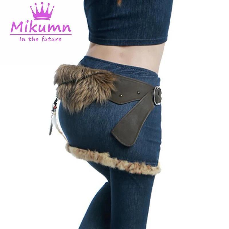 Y2K Harajuku Retro Western Cow Punk Furry Fur PU Chain Irregular Waist Belt Streetwear 250107