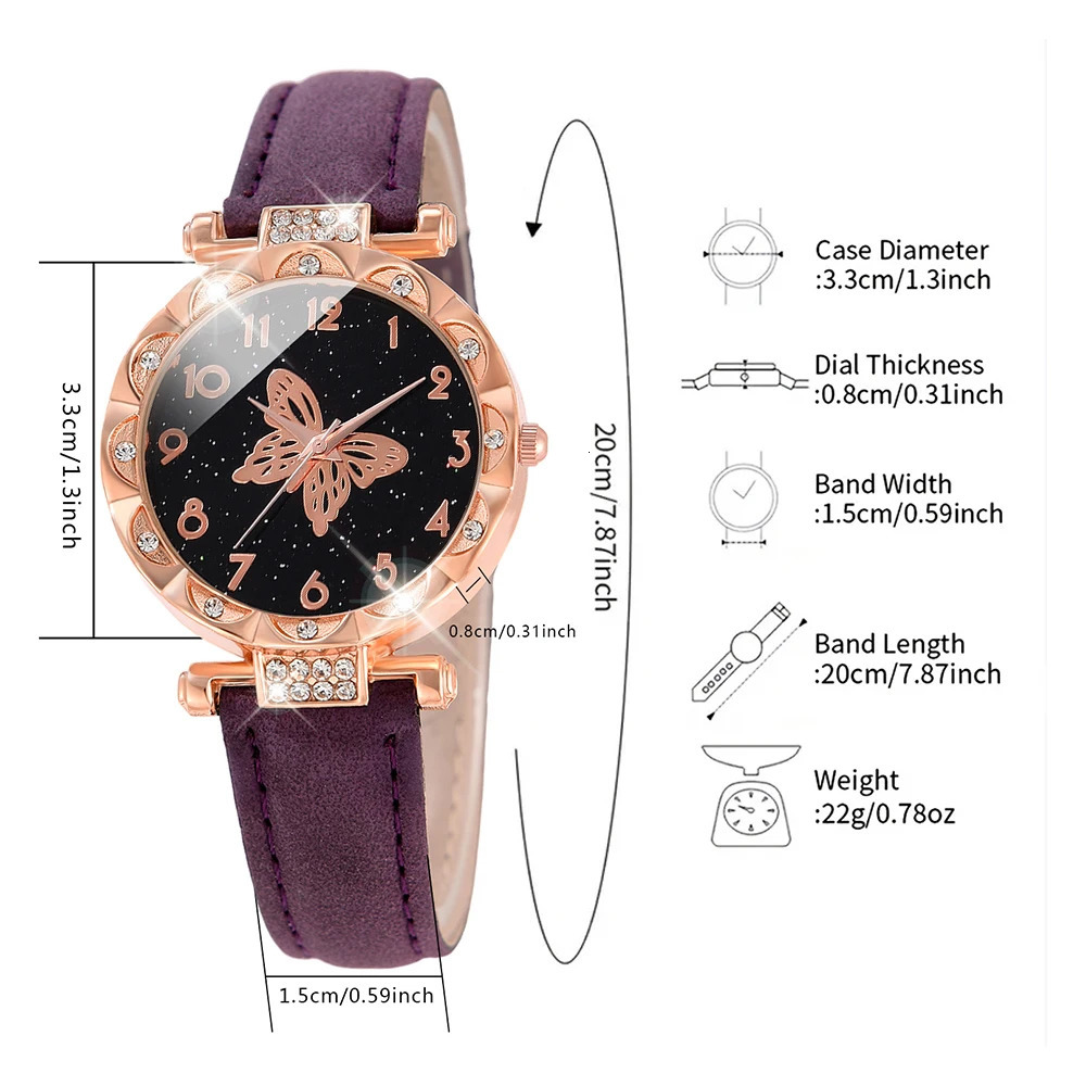 5PCSSet Purple Women Watch Fashionable Butterfly Element Dial Quartz Wristwatch Frosted Strap Jewelry Set Gift For Girls 241228