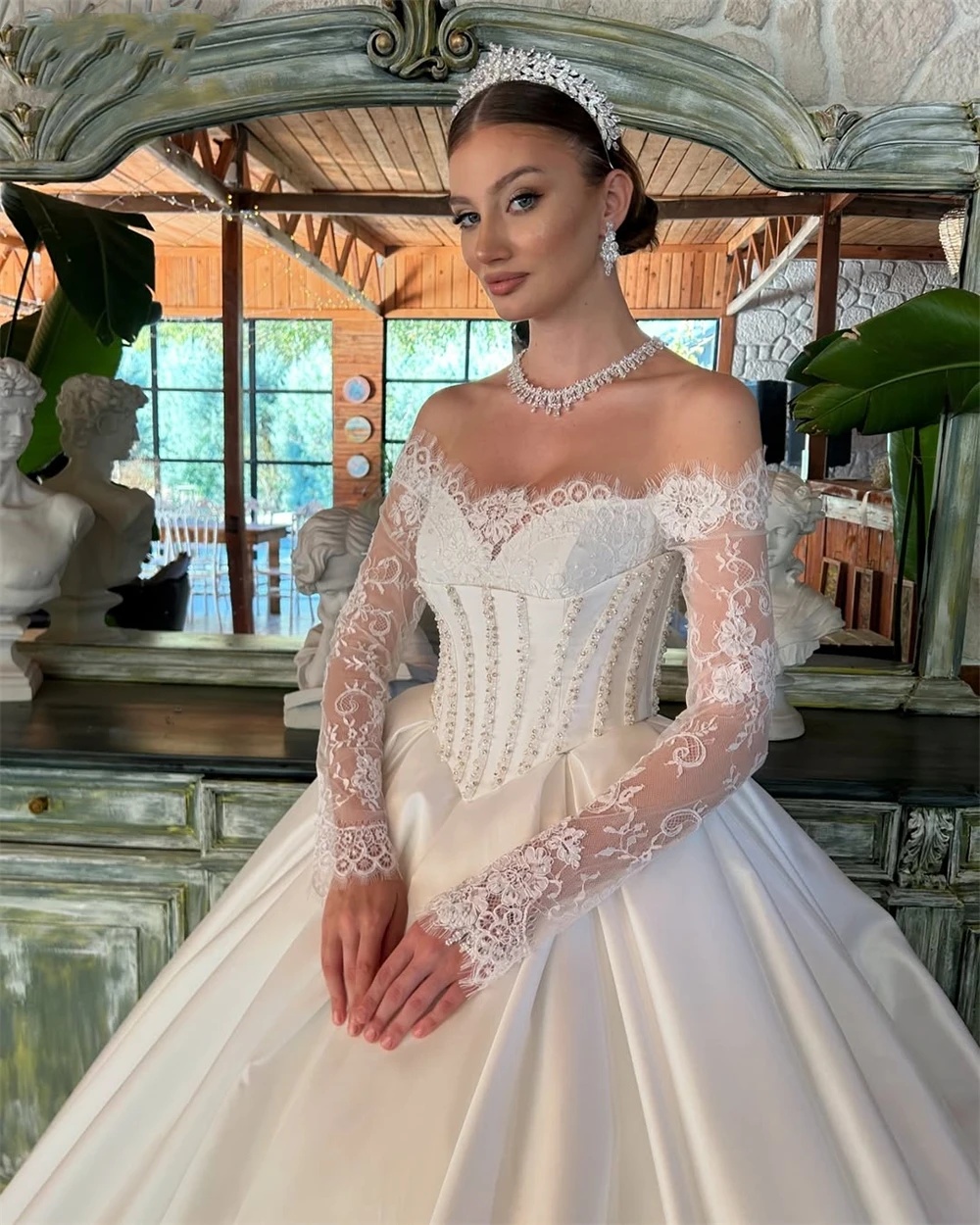 Elegant A-e Bridal Dress with Lace Appliques, Off-Shoulder Long Sleeves, Sweep Train, Customizable, 2024 Wedding Gown