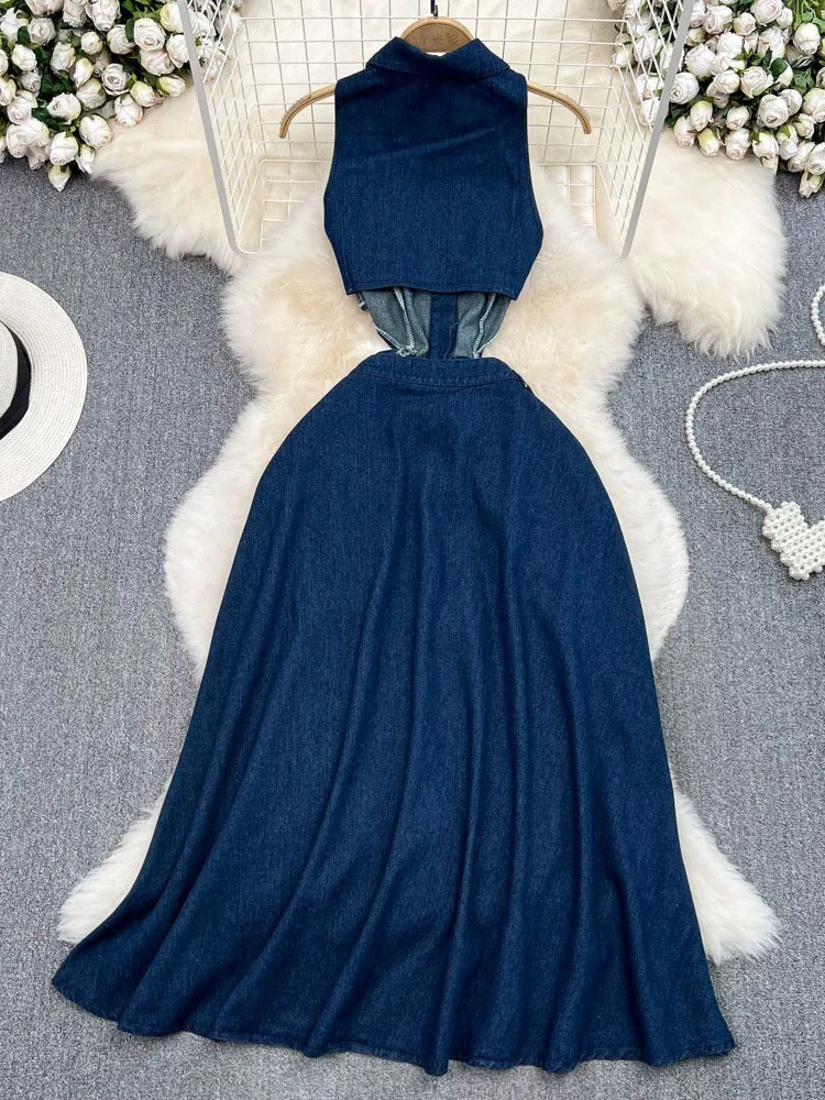 DEAT Trendy Fashion Womens Metal Buckle Waist Hollow Out Denim Dress 2024 Spring Lapel Sleeveless Split Dresses Female 33A1196 250107