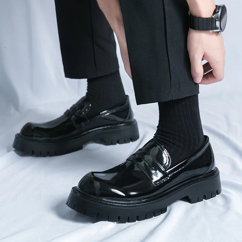 New Men Black Fashion Loafers Original Patent Round Thick Bottom Slip-On Formal Mens Shoes Business Office Leather Shoe 250308