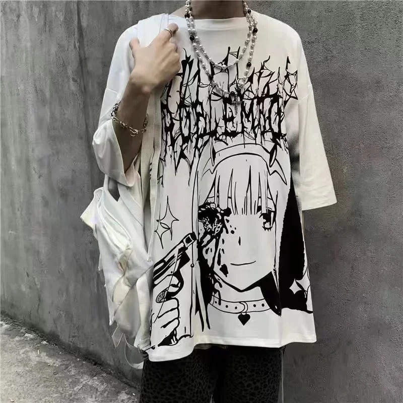 Oversized T-shirt Men Summer T-shirts Dark High Street Gothic Print Skull Cotton Short Sleeve Tee Harajuku T Shirt for Men 250107