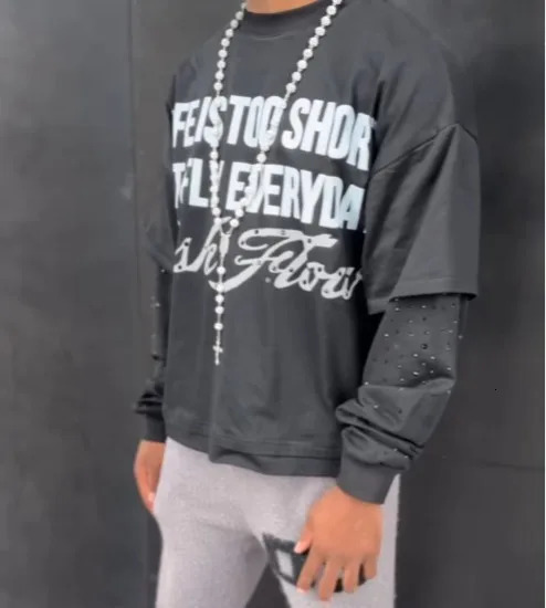 Streetwear Double Layered Long Sleeves Harajuku Goth Letter Graphic Print Rhinestone Oversized T Shirt Tops Men Women Clothes 250107