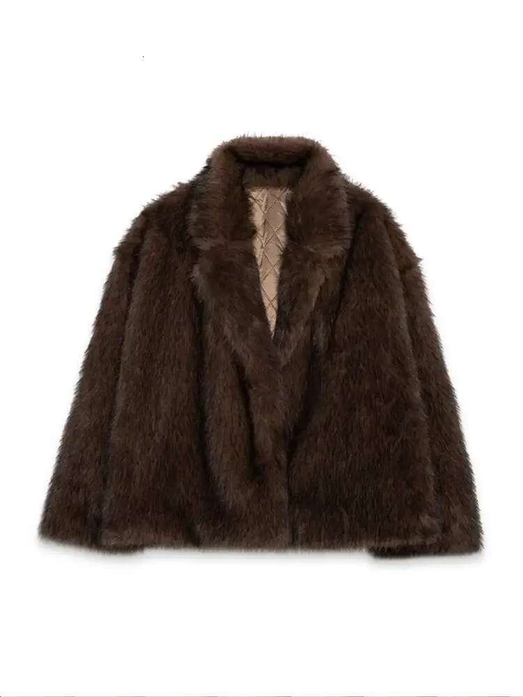 Women Fashion Faux Fur Solid Lapel Warm Jacket Chic Long Sleeve Cropped Street Coat 2024 New Winter Female Thick Brown Outerwear