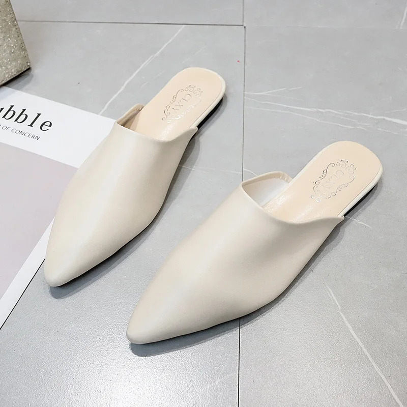 Women Spring Summer Slippers Mules Soft Leather Pointed Toe Slip On Sandalias Soild Mature Fashion Casual Low-heeled Shoes Mujer 250107
