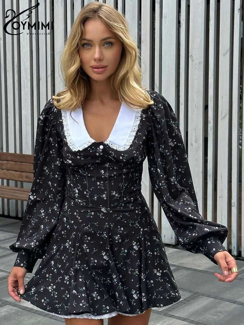 Oymimi Elegant Black Patchwork Womens Fashion Print Long Sleeve Lace Dresses Casual High Waist Pleated Mini Dress Female