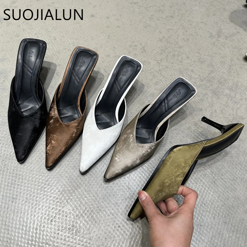 SUOJIALUN 2024 Spring Women Slipper Fashion Pointed To Shallow Slip On Mules Shoes Thin High Heel Ladies Elegant Sandals 250107