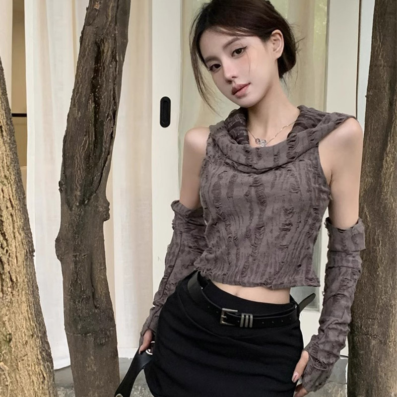 S166 Ripped vest wasteland style short sleeve top women's hooded T-shirt Korean version