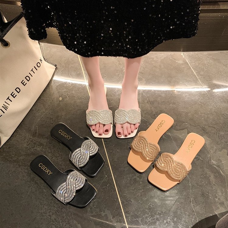 Women Slippers Flat Bottom Color Diamond Design Outdoor Wear New Trendy Fashion Triple Black Beige Khaki Free shipping