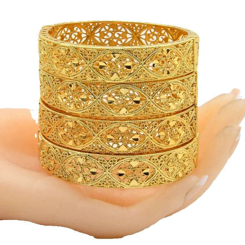 Dubai 24k Gold Plated Bangles Luxury Indian Bangle African Women Hard Bracelets Charm Wedding Ethiopian Arabic Hand Jewelry