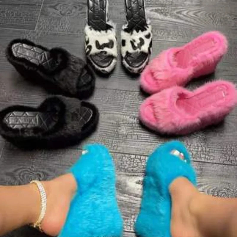 women feminine high-heeled fur drag outdoor all-match shoes slippers round head wedges with mink fur slippers 250107