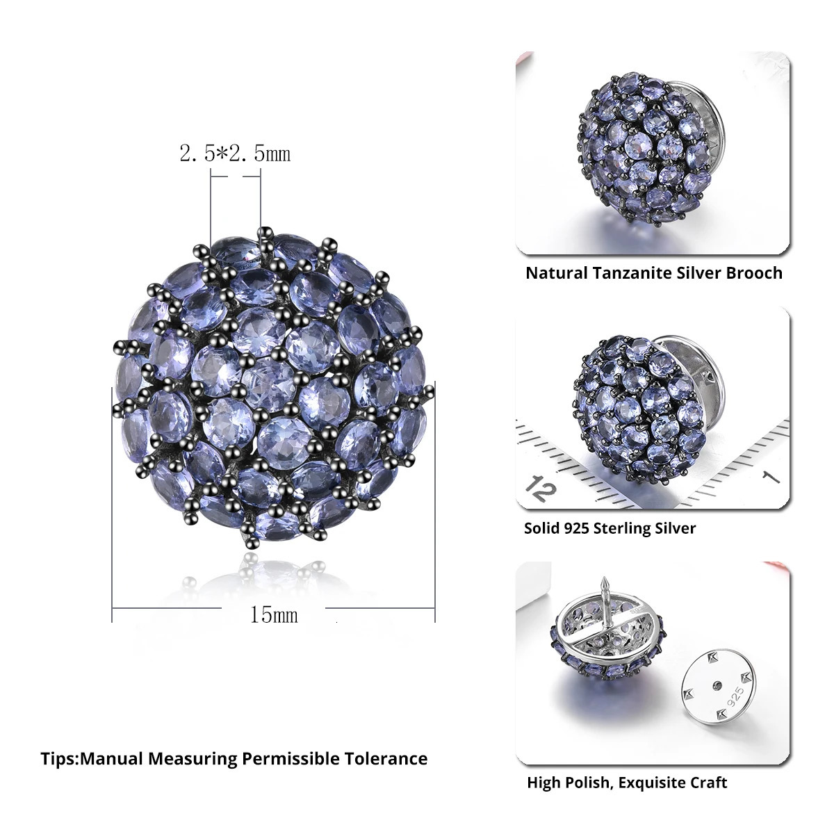 Natural Tanzanite Sterling Silver Brooch 2.5 Carats Genuine Gemstone Black Color Plated Classic Original n Unisex Style 241230