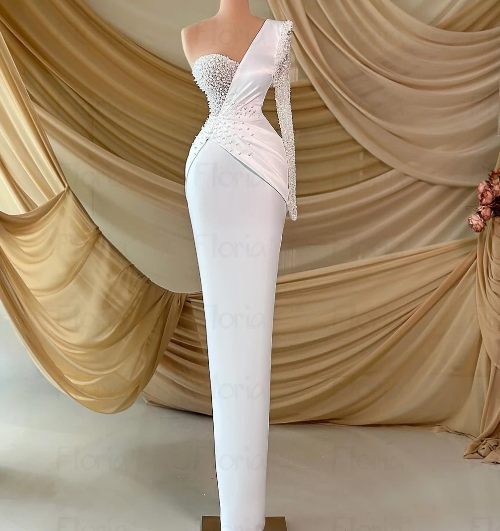 Evening White Engagement Dress One Shoulder Pearls Beads Sheath Satin Prom Formal Party Gowns Celebrity Style Robe De Soiree