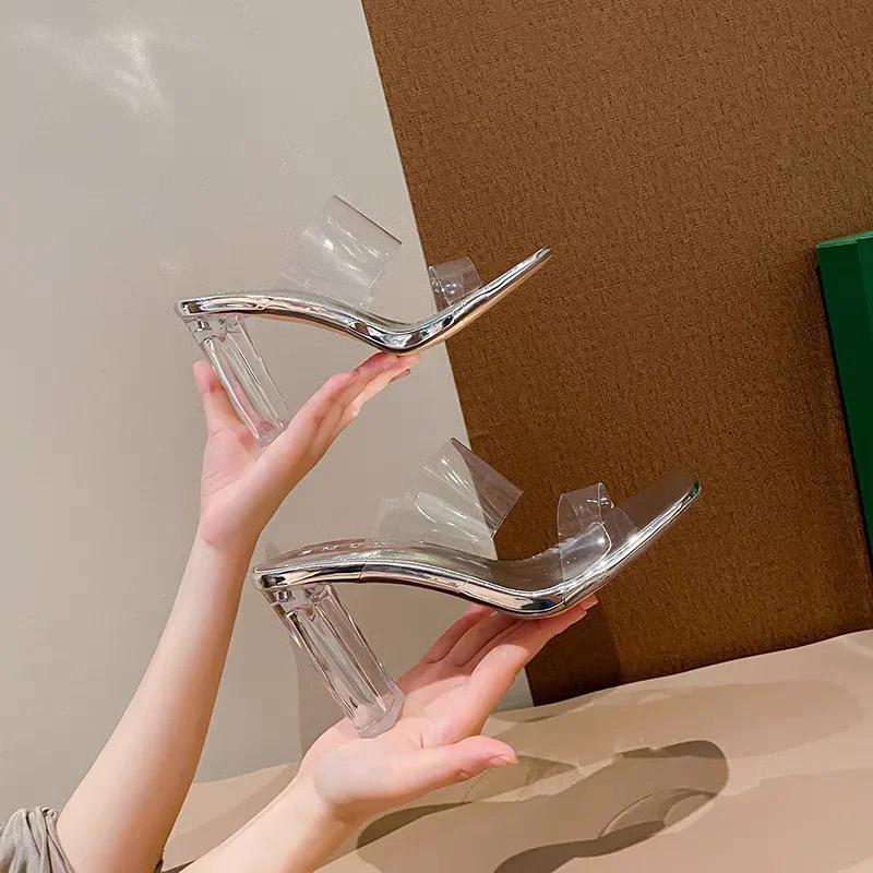 Heel Slippers Women Shoes Woman Pumps Solid Leather Transparent Silver Slip on Fishmouth High Heels Summer Women Slides 250107