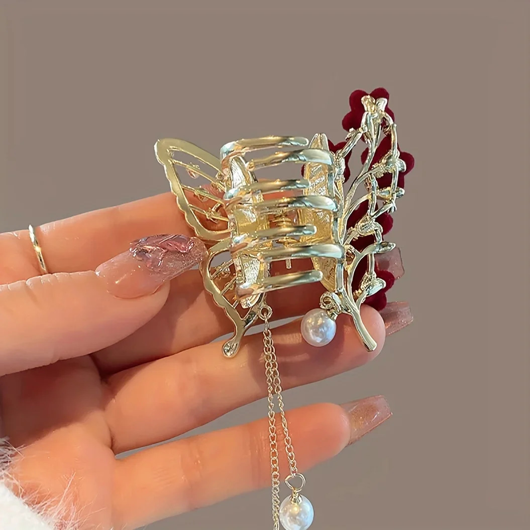 1pc Faux Pearl Tassel Hair Claw Clip Red Rose Jaw Clips Metal Shark Clips For Women Girls Hair Styling Accessories 250103