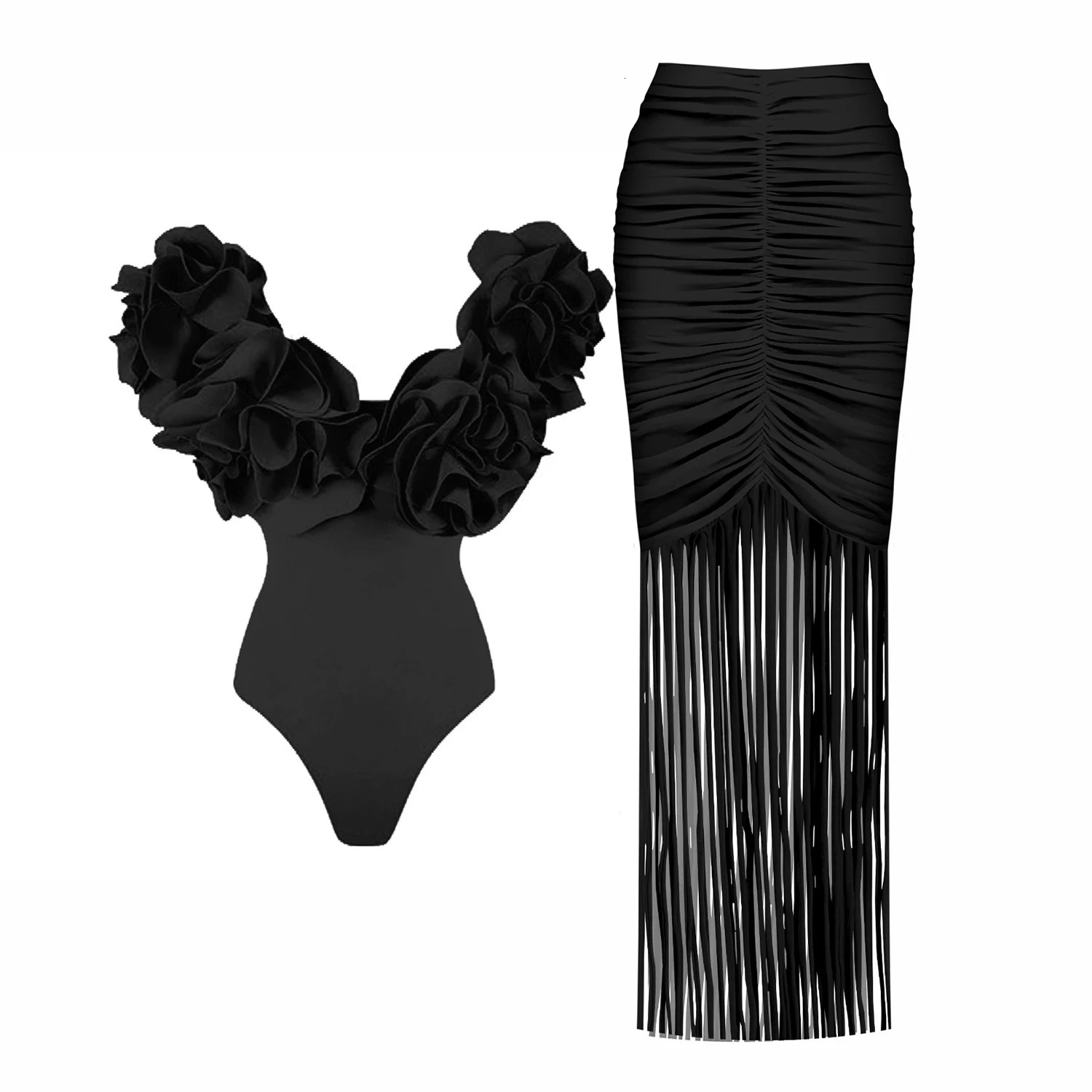 2Pc High Quality Woman Swimsuit Flower Ruffle Solid Bathingsuit Push Up Swimwear Off Shoulder Summer Suits Beachwear 250108