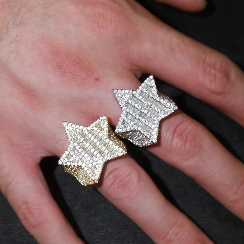 Full Zircon Pentagram Ring Iced Out Cubic Zirconia Gold Color hip-hop mens Trendy Bling Rings Rap Jewelry Gifts 250107