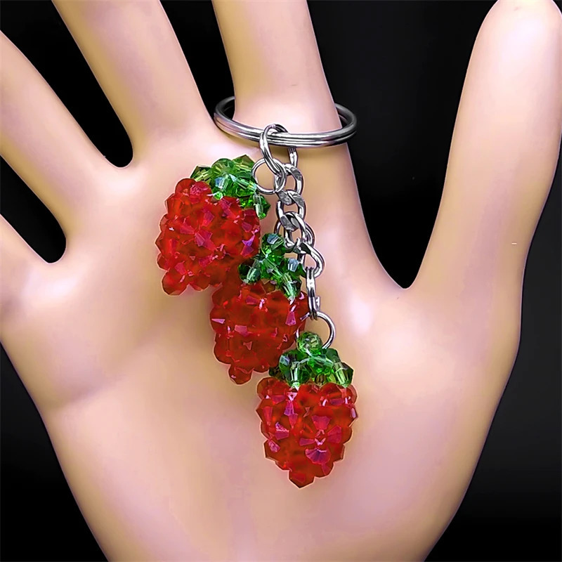 Red Strawberry Crystal Cute Fruit Keychain Stainless Steel Keyring Car Bag Pendant Accessories Friend Jewelry Gift KAAS04 250107