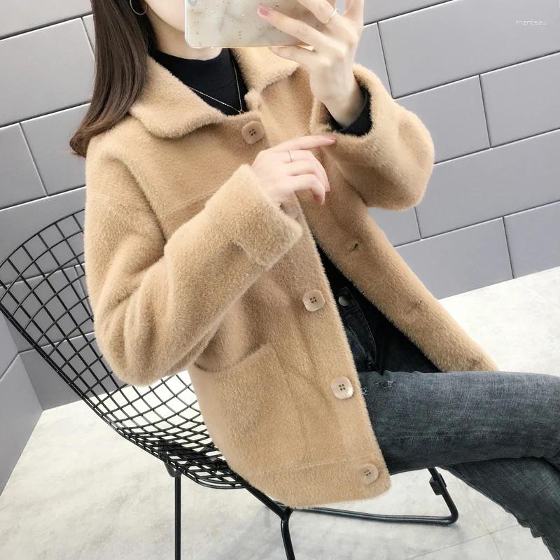 Women's Knits Autumn Winter Thick Faux Mink Cashmere Knitted Sweater Women Short Cardigan Loose Long Sleeve Big Pocket Knit Jacket Coat
