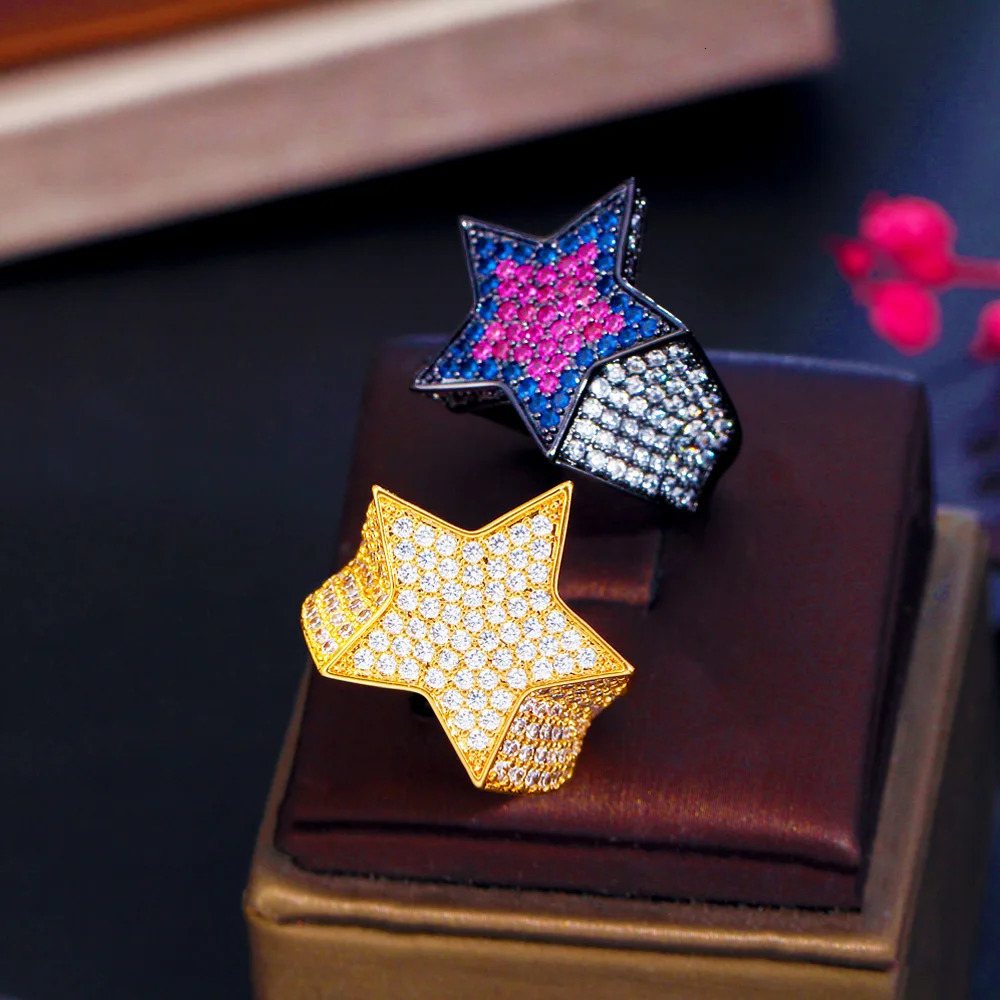 Pera Milan Hip Hop Rock Five Star Rings Gold Color Iced Out CZ Zircon Pentagram Women Wedding Party Jewelry R198 250107
