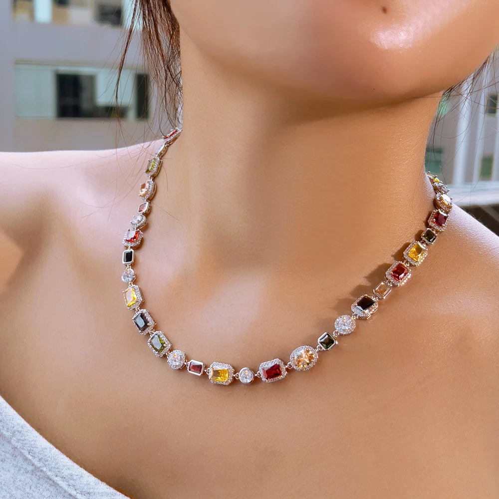 CWWZircons Vibrant Multi Color Cubic Zirconia Irregular Chain Necklace for Women Daily Party Engagement Jewelry Accessory CP130250103
