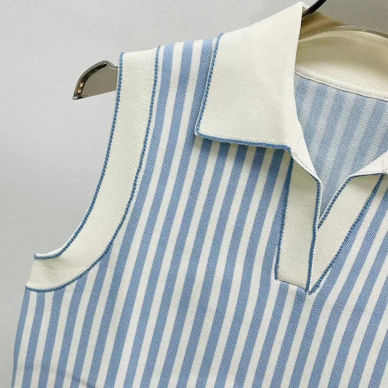 Summer Polo Collar Knit T-shirt Women Cropped Striped Vest Tops Sleeveless Contrasting Edges Tees 2024 Clothing 250107