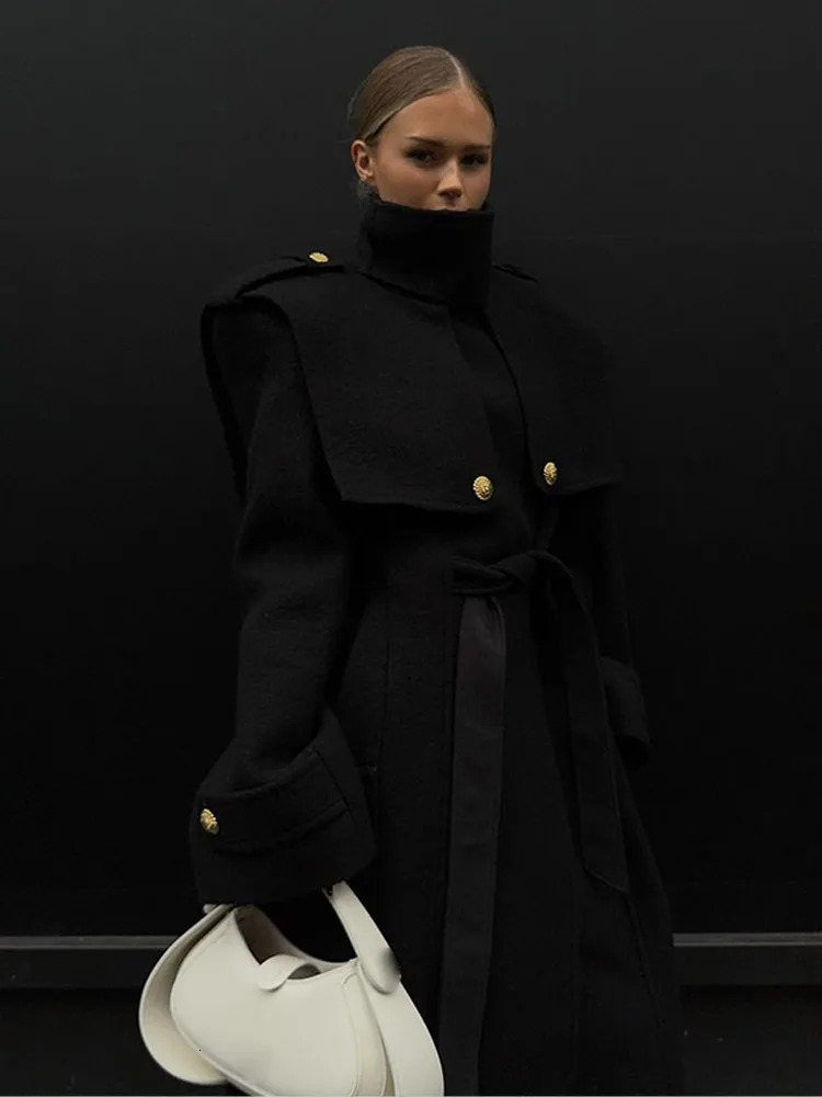 Black Wool Blends Overcoat With Belt Women Elegant High Collar Metal Buttons Patchwork Long Coats Autumn Winter Office Outwear 250107