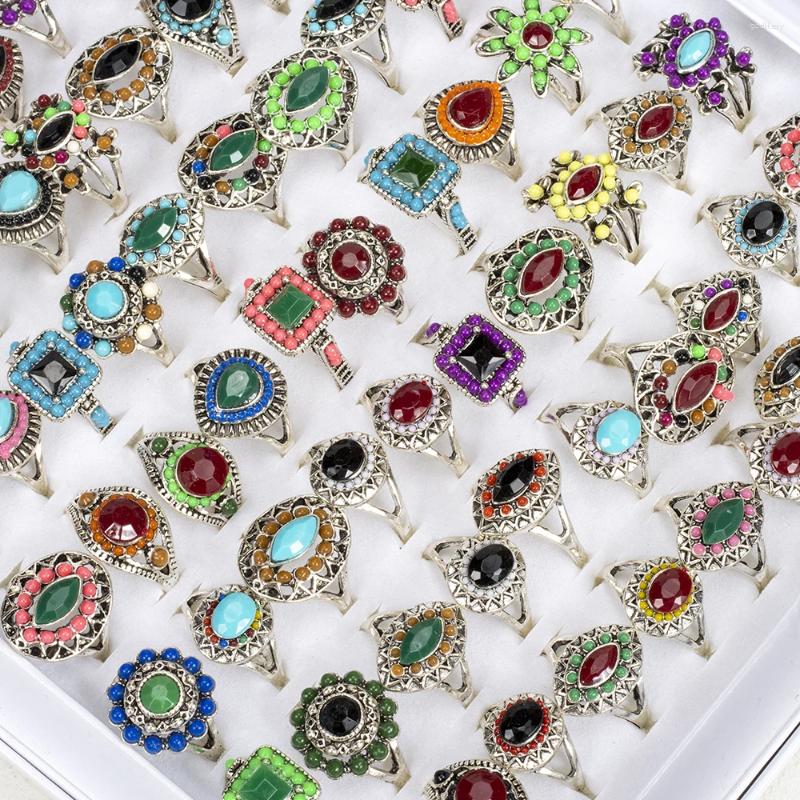 Cluster Rings Wholesale Bulk 30 Pieces/Lot Vintage Stone Flower For Women Fashion Jewelry Wedding Party