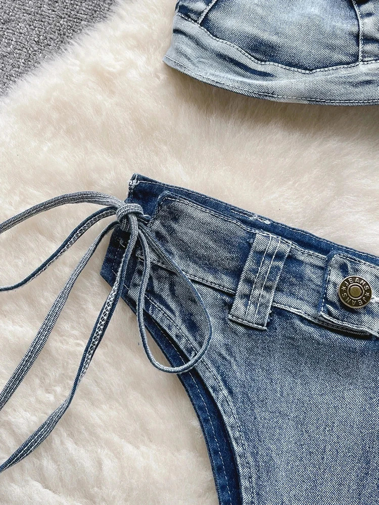 OIINAA Swimwear Women Sexy Blue Denim Bikini Set Halter Drawstring Beachwear Lace Up Two-pieces Summer 2024 Solid Bathing Suit 250107