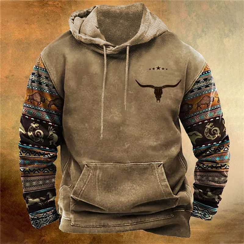 Retro ethnic graphic hoodie fashionable casual long sleeved 3D printed sports shirt mens streetwear oversized outdoor zipper W250108