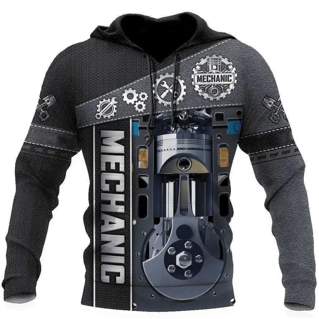 Mens hooded sweatshirt retro T-shirt autumn clothing mechanical 3D printing top fashionable street casual hoodie oversized zipper W250108