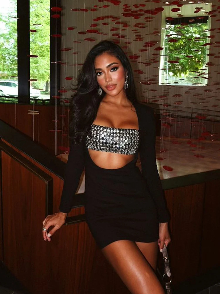 Ahagaga Fashion Sheath Womens Mini Stamping Dresses Solid Hollow Out Slim Fit Regular Long Sleeves Streetwear Vestidos Robe 250107