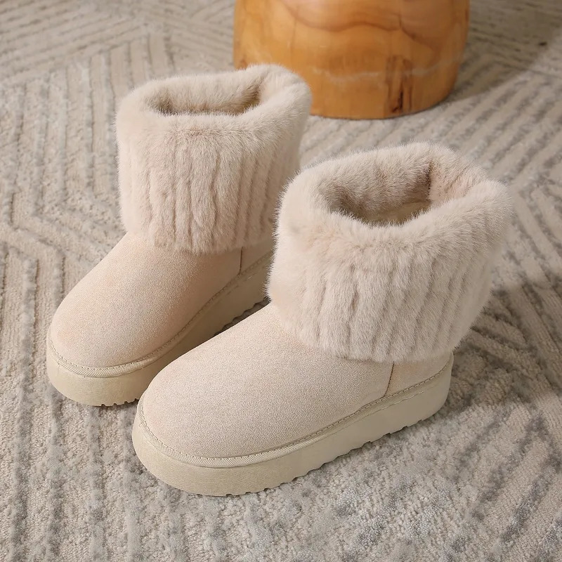 Shoes for 2024 Women Winter Womens Boots Black Round Toe Solid Flock Plush Warm Mid Heel Water Proof Casual Snow Boots Women 250106