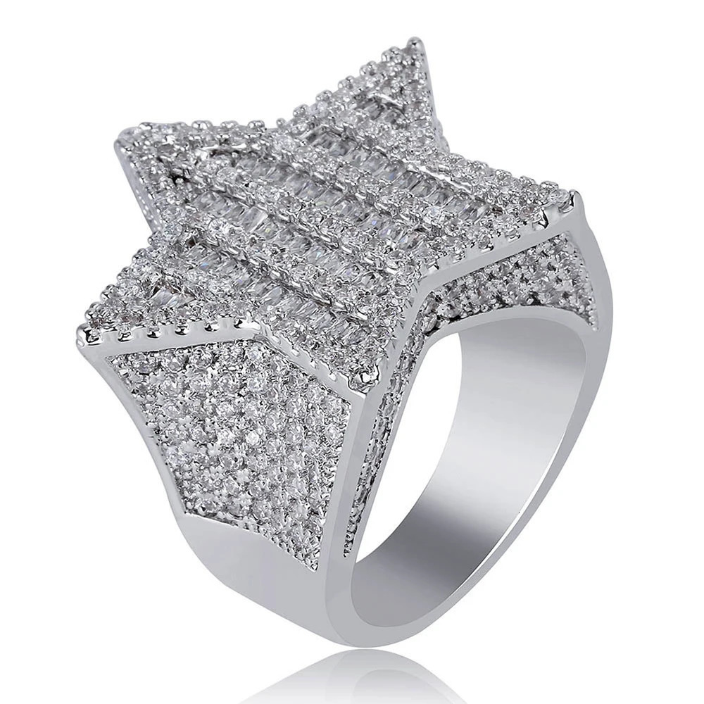 Full Zircon Pentagram Ring Iced Out Cubic Zirconia Gold Color hip-hop mens Trendy Bling Rings Rap Jewelry Gifts 250107